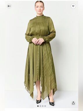 Nanette Lepore Olive Moss Green Metallic Handkerchief Hem Midi Dress